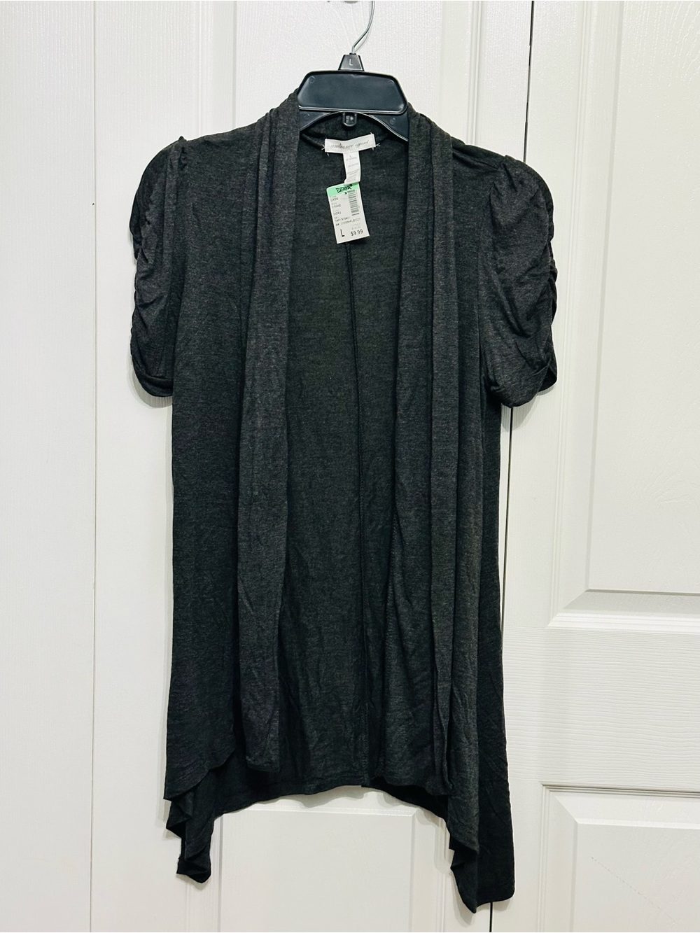 Ambiance Apparel Women’s Large Dark Gray Open Front Cardigan Ruched Sleeve NWT